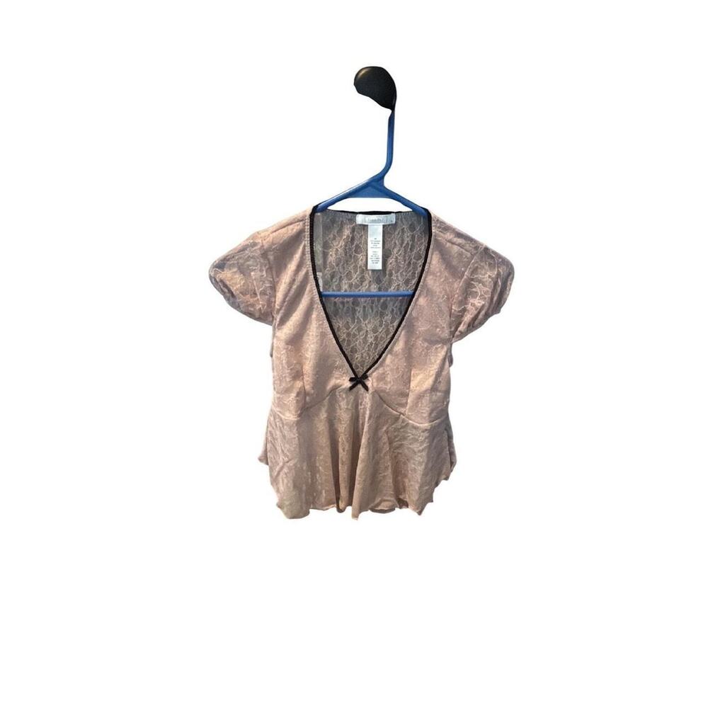 FULL TILT Pink Lace Peplum‎ Babydoll Y2K Top Short Sleeve V Neck Bow Detail XS